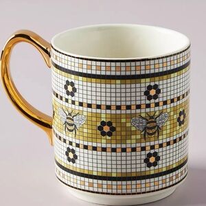 ❤️ ANTHROPOLOGIE BISTRO TILE BEE MUG 24K DECALED GLAZED STONEWARE NEW